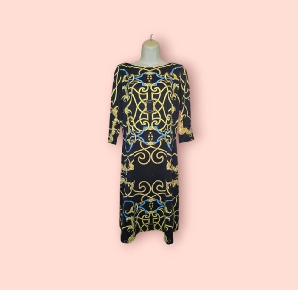 J. McLaughlin Sophia Equestrian Chain Print Dress Catalina Cloth Black/Gold M